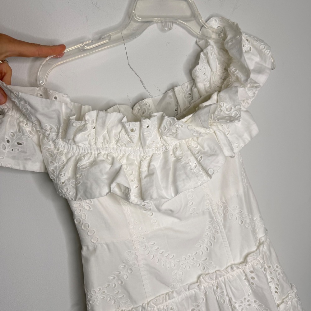 C24 Zara White Eyelet Embroidery Off The Shoulder Tiered Mini Dress Small - Picture 7 of 12